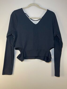 Livi Active Black V-Neck Long Sleeve Cropped Top with Peplum Hem